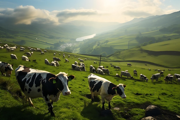 Cows grazing on the green hills at sunset in Sicily Italy