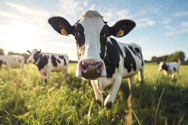 Cows grazing on a green meadow with mountains and blue sky