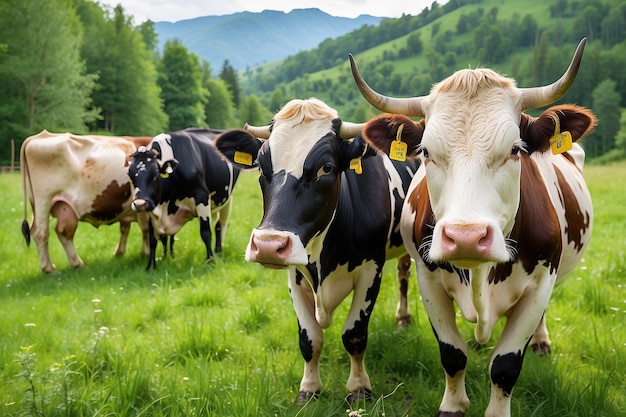 Photo cows grazing on a green summer meadow