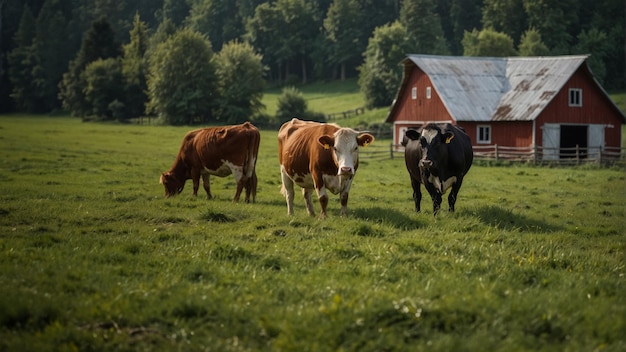 Cows grazing in a lush green pasture on a farm Cattles stand relaxed on the grass at the farm