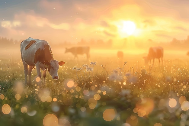 Cows grazing in meadow at sunrise with dewdrops