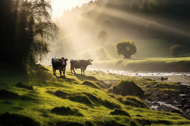 Cows Grazing In Meadow With Dewy Grass And Morning Mist Generative AI