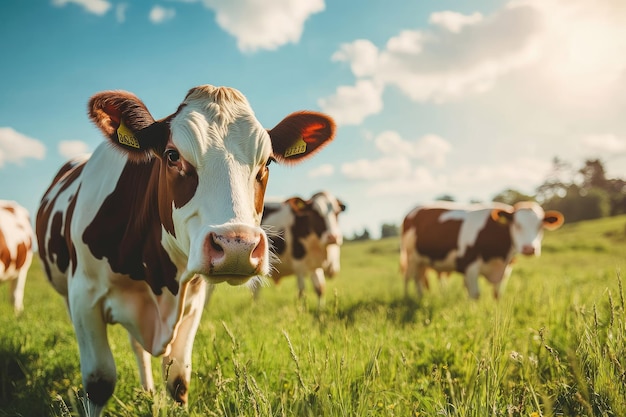 Cows grazing in the sunny field in the countryside