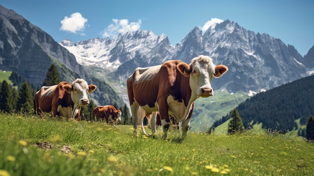 Cows grazing with mountain meadows in the background