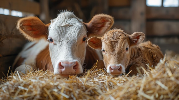 Cows and newborn calfs rest in straw at a cattle farm