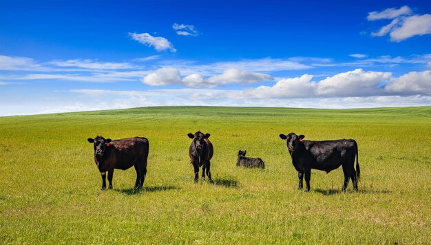 Cows in a pasture clear blue sky in a sunny spring day Texas USA