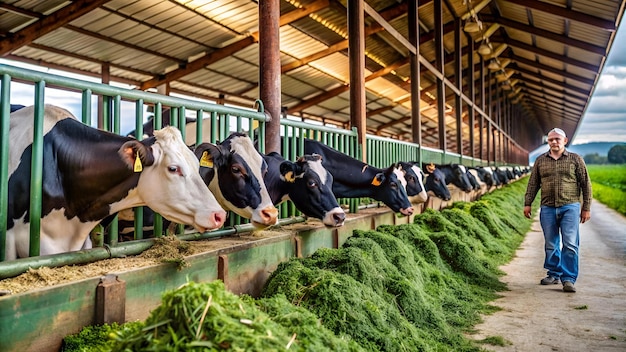 cows stand in the stall and eat silage with flour the farmer cows eat grass on the farm kine sta