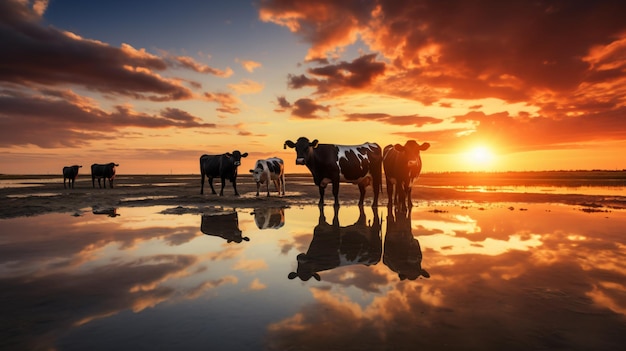 Cows in sunset