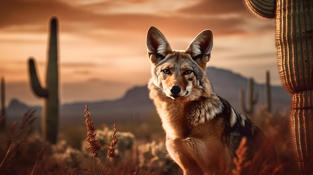 A coyote in a field with mountains in the background