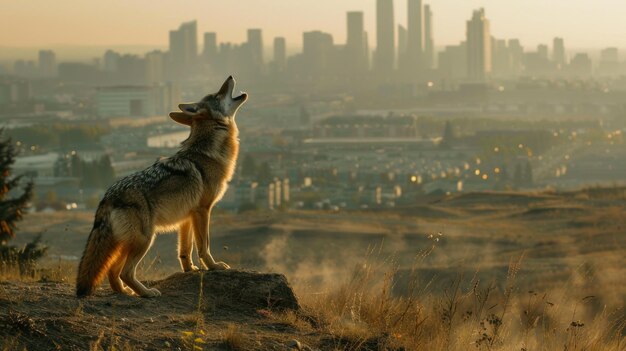 Photo coyote howling at cityscape