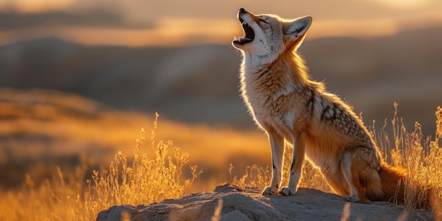 A Coyote Howling at Sunset