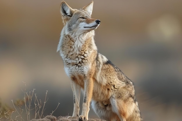 Photo coyote howling on top of a cactus in the arizona desert