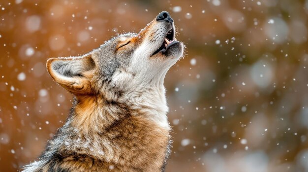 Photo a coyote raises its head and howls surrounded by gently falling snowflakes in a serene winter landscape