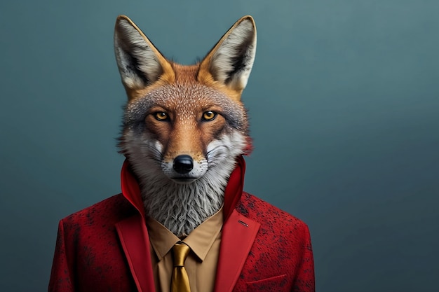 Coyote in a Red Suit Against a Simple Plain Background Stock Image of Animal in Formal Business Suit