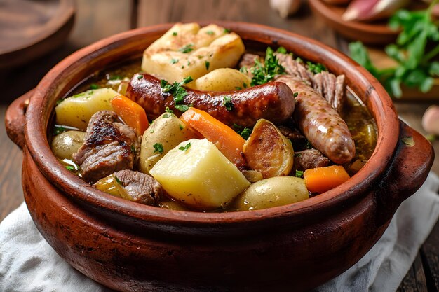 Photo cozido a portuguesa portuguese stew with pork beef sausages and colorful vegetables in a rustic clay pot