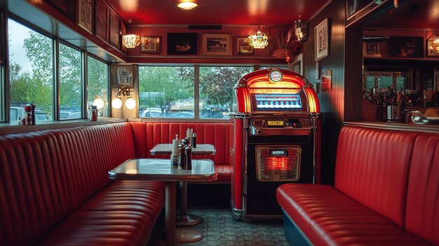 Photo a cozy 1950s diner with red leather booths and a jukebox