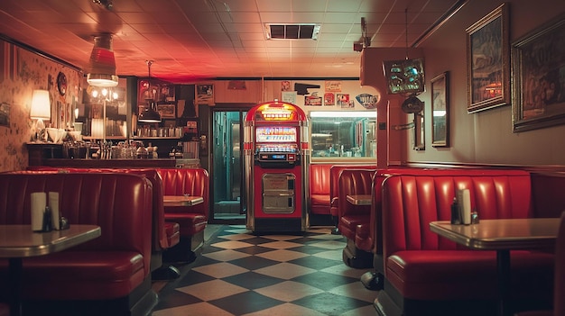 Photo a cozy 1950s diner with red leather booths and a jukebox