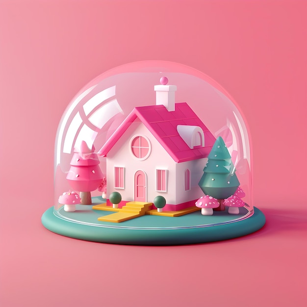 Cozy 3D Miniature House Encased in Transparent Dome against Vibrant Pastel Background