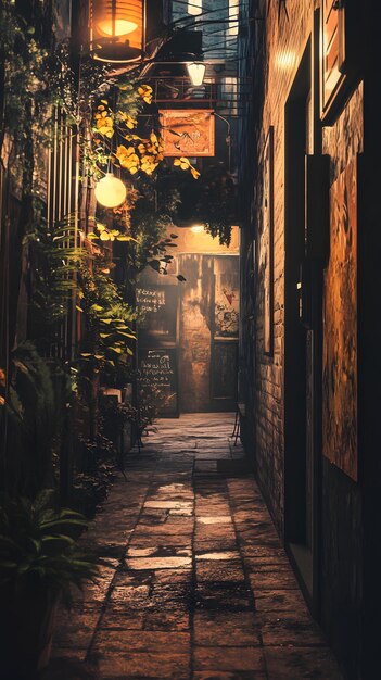 Photo a cozy alleyway adorned with plants and warm lighting