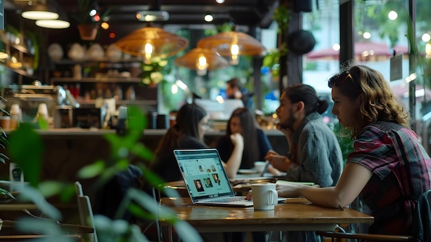 Cozy ambiance in a cafe with working patrons A comforting and warm ambiance in a cafe with blurred patrons working on laptops exuding a sense of creativity and casual professionalism