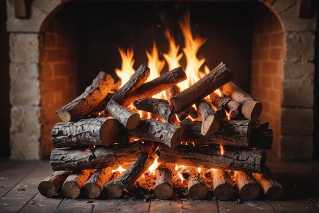 Cozy ambiance crackling flames in a warm rustic fireplace inviting comfort on chilly evenings