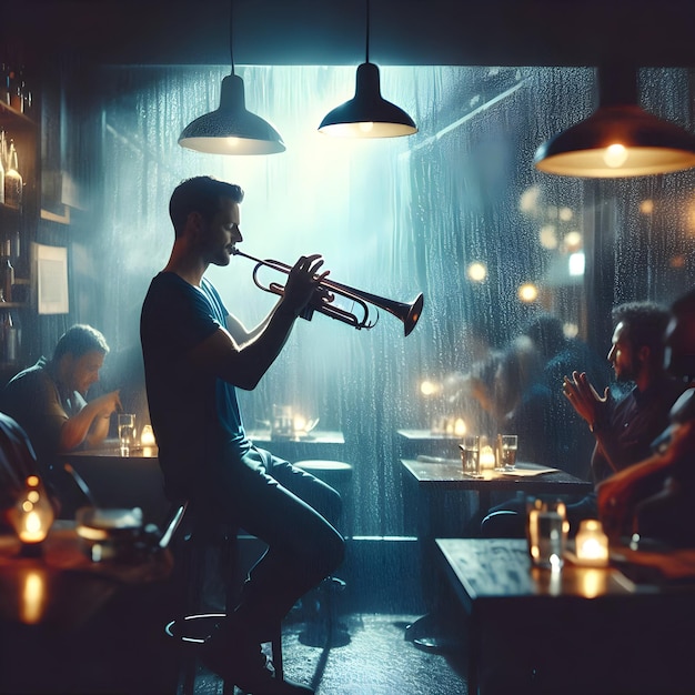 In the cozy ambiance of a dimly lit jazz club on a rainy evening a skilled trumpeter improvises wit