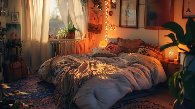 A cozy apartment interior featuring a bohemian style hygge bedroom with plush bedding warm lighting