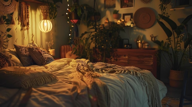 A cozy apartment interior featuring a bohemian style hygge bedroom with plush bedding warm lighting