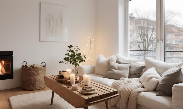 Photo cozy apartment interior inspired by scandinavian design with candles