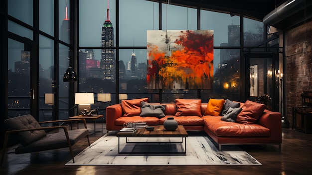 cozy apartment living room with giant windows to the city