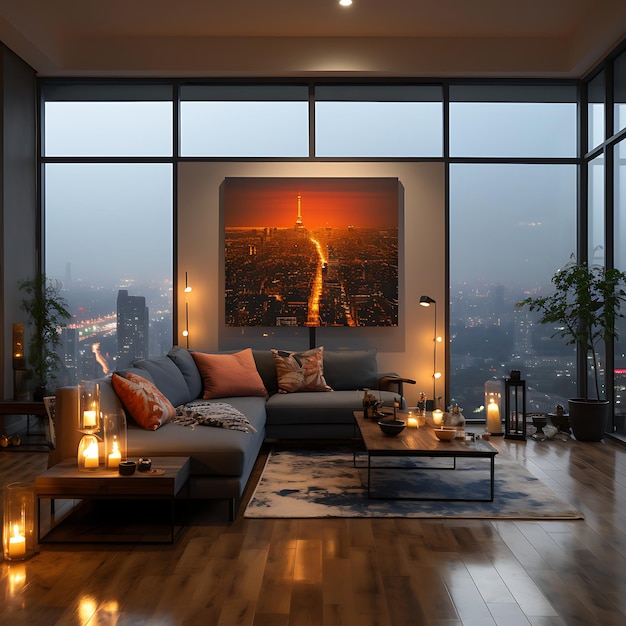 cozy apartment living room with giant windows to the city