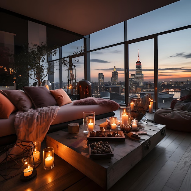 cozy apartment living room with giant windows to the city