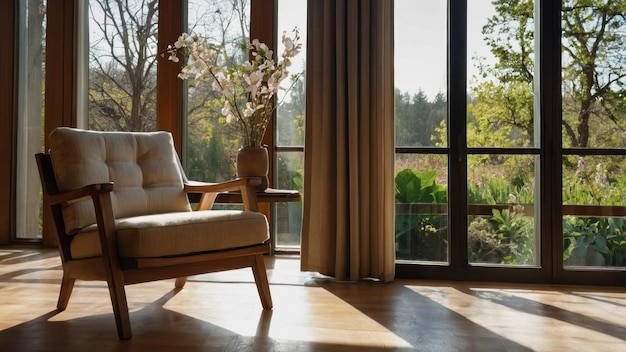 A cozy armchair by a large window with a sunlit view and a table with flowers