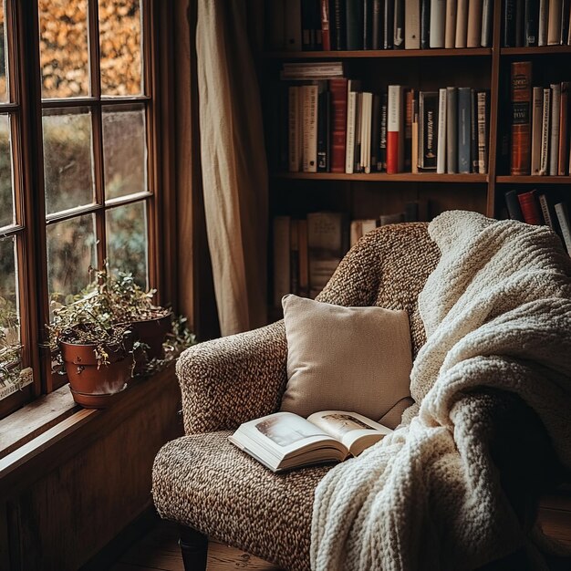 Cozy armchair by the window with a book and a blanket