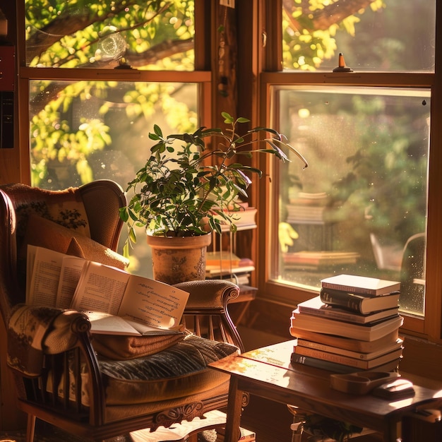 Photo cozy armchair by window with books and plant inviting relaxation