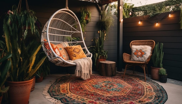 Cozy armchair on rustic rug illuminated by lamp generated by AI