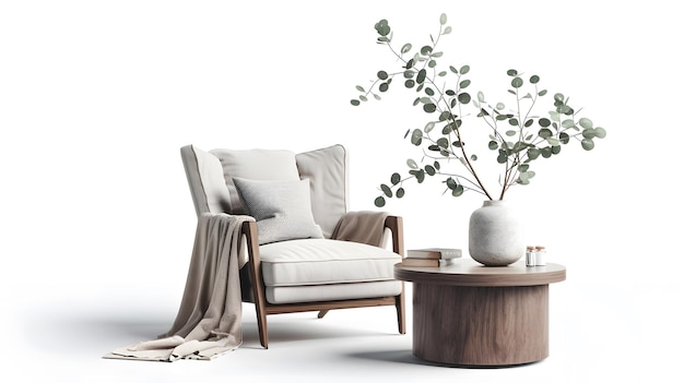 cozy armchair and vase with eucalyptus branches on coffee table in living room isolated on white