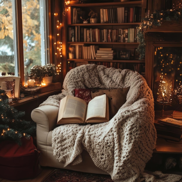 Cozy armchair with a book blanket and warm lights