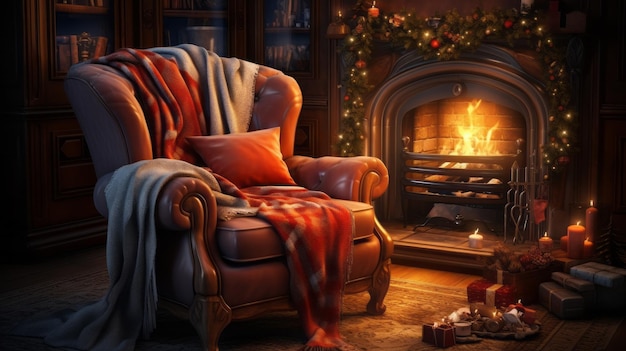 Cozy armchair with pillow and blanket next to a burning fireplace New Year039s interior