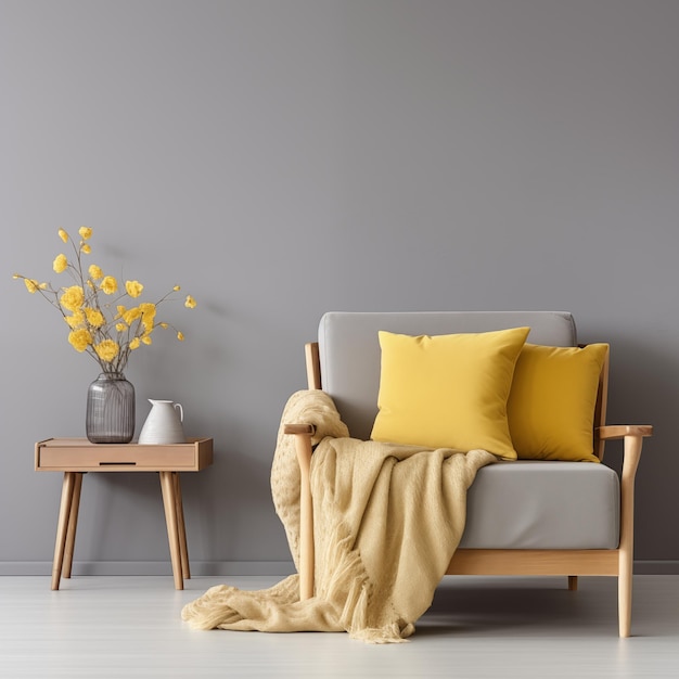 Cozy Armchair With Yellow Pillows And Decorative Vase