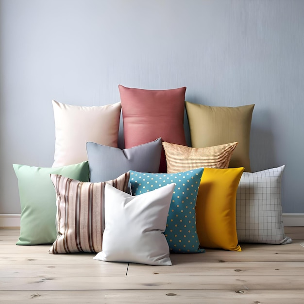 Photo a cozy arrangement of colorful throw pillows in various patterns and textures