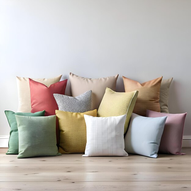 Photo a cozy arrangement of colorful throw pillows in various textures and patterns creating a welcoming and inviting atmosphere