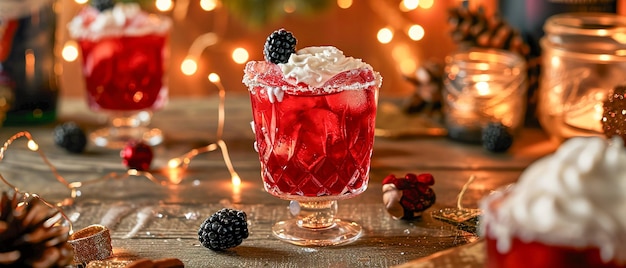 A cozy atmosphere with a red cocktail in a clear glass ice swirl of whipped cream and blackberry