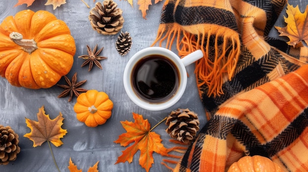 Cozy Autumn Afternoon Coffee Pumpkins and Plaid