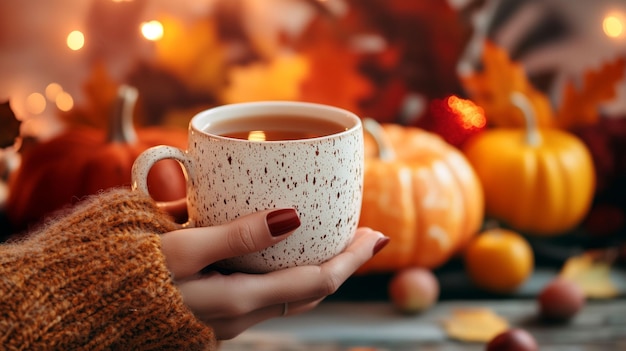 Photo cozy autumn afternoon with a warm beverage and colorful seasonal decorations