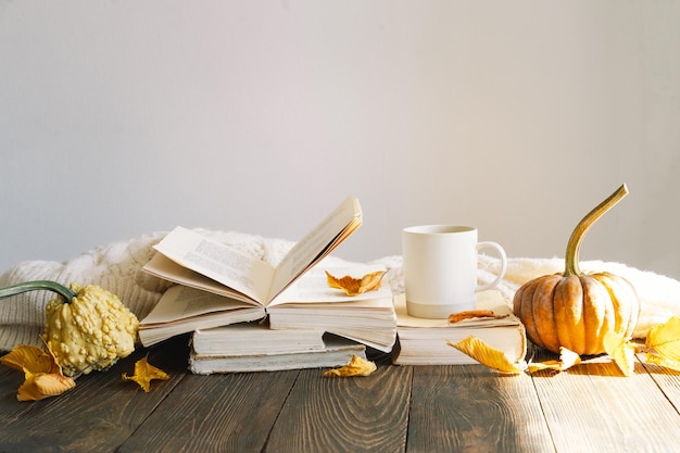 Cozy autumn background decorative pumpkin dried flowers books warm sweaters Reading in the autumn day Autumn books Autumn reading Cozy mood Space for text top view