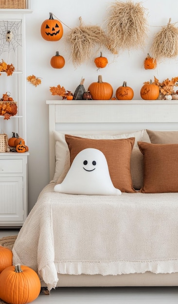 Photo cozy autumn bedroom decor with plush ghost and pumpkins on display