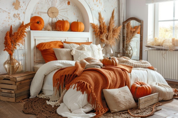 Photo cozy autumn bedroom decor with pumpkins and warm colors