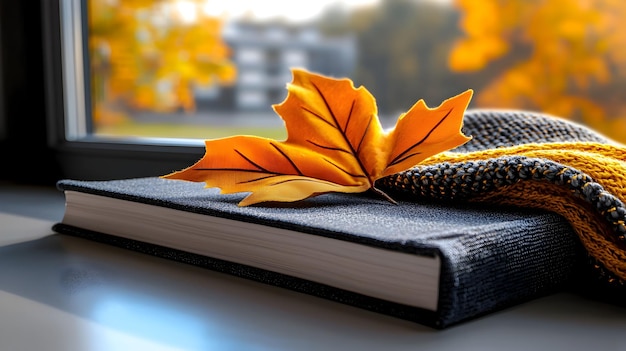 Photo cozy autumn blanket and book by the window clean white background