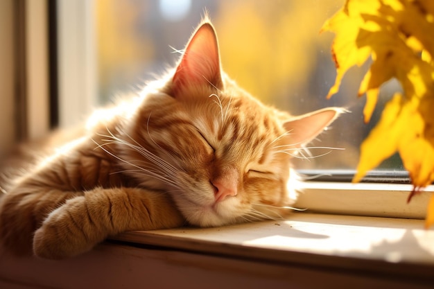 Cozy Autumn Cat Napping Lazily on a Warm Windowsill Generative AI